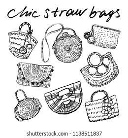 Chic straw bags. Vector hand drawn fashion illustration.