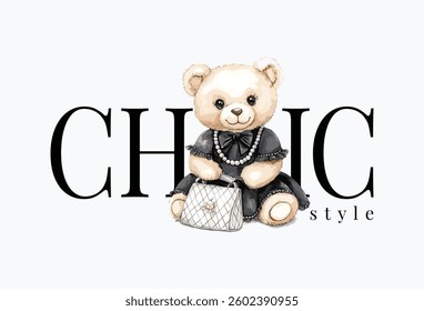 Chic Style Teddy Bear Vector Illustration, Isolated on White Background.