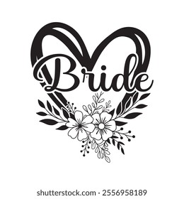 A chic and stylish bride T-shirt design featuring elegant text like "Bride" or "Mrs." in cursive or glittery fonts. Enhanced with subtle wedding-themed elements like a diamond ring, flowers, or a veil