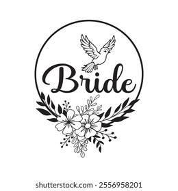 A chic and stylish bride T-shirt design featuring elegant text like "Bride" or "Mrs." in cursive or glittery fonts. Enhanced with subtle wedding-themed elements like a diamond ring, flowers, or a veil