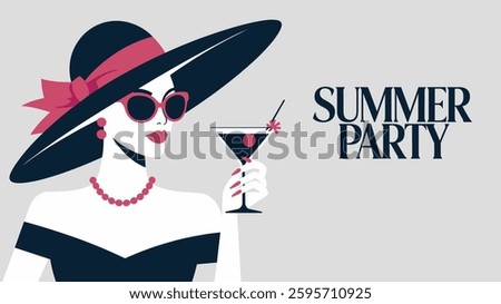 Chic Summer Party Vibes: Elegant Woman with Cocktail and Fashionable Hat for Trendy Celebrations