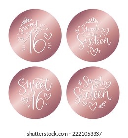 Chic sweet sixteen favor tag, round sticker label design in white and rose gold colors with metallic effect. 16th Birthday luxury style party decoration honoring a teenage girl.