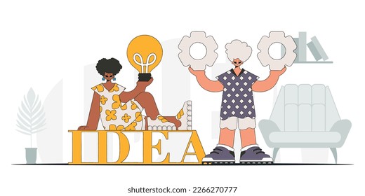 Un equipo elegante genera ideas y resuelve problemas. Bombilla y marchas en sus manos. Concepto de idea. carácter de moda.