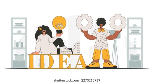 Un equipo elegante genera ideas y resuelve problemas. Bombilla y marchas en sus manos. Ilustración sobre el tema de la aparición de una idea.