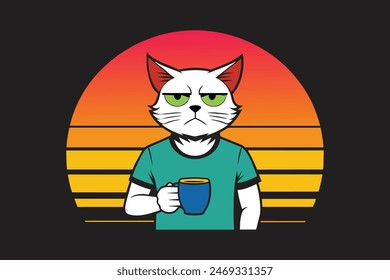 "Chic tee: Grumpy cat and coffee silhouette against retro sunset. Stylish nostalgia in vector art."