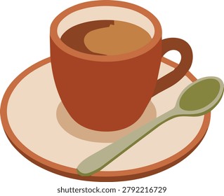 Chic teracotta coffee cup vector illustration. Hot warm espresso or latte served in a minimalist earthy toned clay mug with a green spoon on a matching saucer. Stylish visual asset for modern cafes, boutique coffee roasters branding, contemporary aesthetic menu boards, and lifestyle blog graphics. Hand drawn cartoon style minimalist warm beverage icon design.