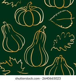 chic thanksgiving decorative texture gold line art pumpkins various fall season leaves elegant golden outline seamless pattern dark emerald green background