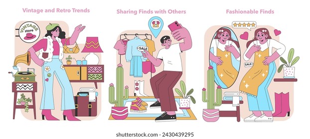 Chic thrift set. Shoppers indulge in vintage charm, share exceptional finds, and flaunt their fashion flair from secondhand treasures. Retro aesthetic meets modern sustainability. Vector illustration.