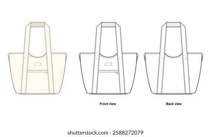 Chic Tote Bag Technical Fashion Illustration. Handbag Vector Template. Front and Back View. Spacious Everyday Carryall. Women’s Fashion Accessory. CAD Mockup set.