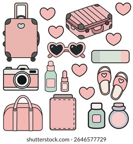 Chic travel-themed vector set in soft pink tones featuring suitcases, heart sunglasses, slippers, cosmetics, and travel essentials. Perfect for planner stickers, blogs, or lifestyle content.