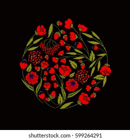 Chic, trendy, fashionable, bright floral composition of fashionable embroidered stylized flowers in bright red.Summer mood. Ideal for embroidery on textile products.Embroidered chamomile, strawberries