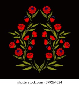 Chic, trendy, fashionable, bright floral composition of fashionable embroidered stylized flowers in bright red.Summer mood. Ideal for embroidery on textile products.Embroidered chamomile, strawberries