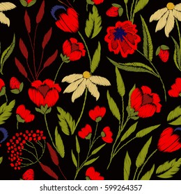 Chic, trendy, fashionable, bright floral floral pattern for embroidery on textiles. Embroidered chamomile, carrots, strawberries, roses