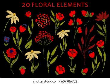 Chic, trendy, fashionable, bright floral composition of embroidered stylized flowers in bright red. Embroidered chamomile, strawberries
