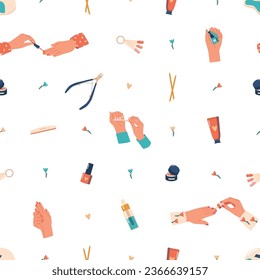Chic And Trendy Seamless Pattern Adorned With Stylish Manicure Elements. Vibrant Nail Polish Bottles, Glittering Files