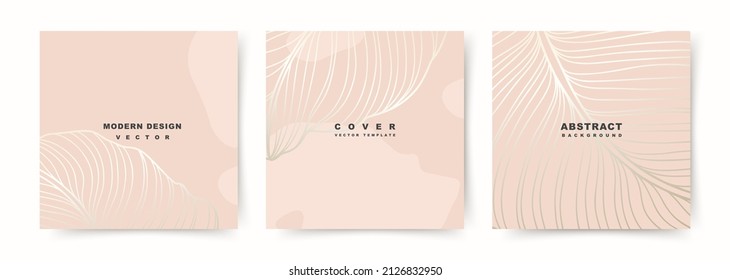 Chic trendy square templates with leaf silhouette. Gold on a dusty pink backgrounds. Vector for social media stories and post, invitation, greeting card, packaging, 
branding design, poster