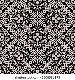 Chic two-color ornate seamless pattern. Art forms are grouped and arranged in a specific order. Vector image for print, textile, packaging, interior design and your other projects.