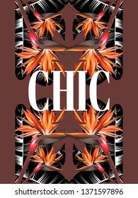 Chic. Vector hand drawn placard with flowers and palm leaves isolated. Template for card, poster. banner, print for t-shirt, pin, badge, patch.