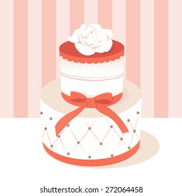 A chic vector illustration of a beautiful fondant wedding cake with bow and rose. 