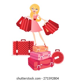 A chic vector illustration of a blonde pretty girl standing on top of suitcases while holding shopping bags.