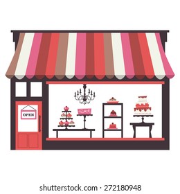 A chic vector illustration of a cake shopfront with large window display. On the window display, there are cakes, cupcakes, desserts and pies. 