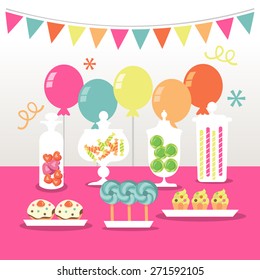 A chic vector illustration of a candy buffet party: candies in apothecary jars, lollipops, balloons and other sweet treats.