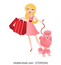 A chic vector illustration of a girl with shopping bag and holding a pink poodle.
