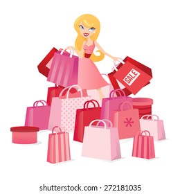 A chic vector illustration of a happy blonde girl having a field day at big sale.