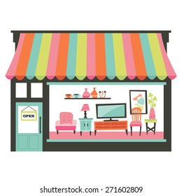 Una elegante ilustración vectorial de una tienda de muebles domésticos con una gran pantalla de ventana que muestra varios muebles como sillón, mesa, unidad de entretenimiento y más. 