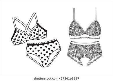 A chic vector illustration of women's lingerie featuring delicate heart and rose patterns. The design includes a heart-patterned bra and matching underwear, as well as a floral rose lace bra and panties set. Perfect for lingerie brands, online retail shops, and fashion-focused design projects.