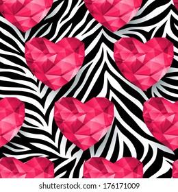 Chic vector seamless pattern (tiling). Animal print, zebra texture with polygonal hearts.