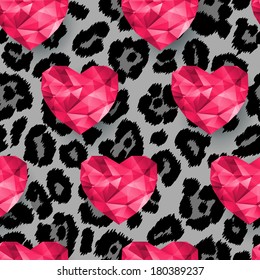 Chic vector seamless pattern (tiling). Animal print, snow leopard texture with  polygonal hearts. 