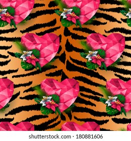 Chic vector seamless pattern (tiling). Animal print, tiger texture with polygonal hearts and flowers. 