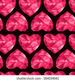 Chic vector seamless pattern (tiling). Striped black background with pink hearts. 