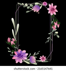 Chic vertical rectangular flower frame on a black background with space for text. Vector illustration with hand drawn tulips, crocuses, gerberas. Use to decorate greeting cards, invitations, etc.