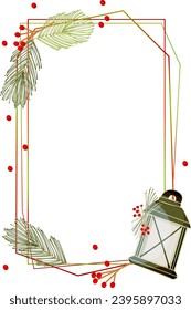 Chic vertical rectangular frame. Vector illustration with hand drawn Christmas lantern and Rowan branches, spruce. Use to decorate greeting cards, invitations, etc.