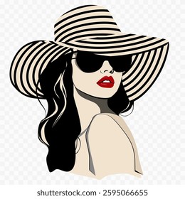 Chic woman, adorned in stylish striped hat and sunglasses, exudes confidence and elegance, embodying fashionable lifestyle and allure of modern aesthetics. Vector illustration.