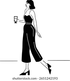 A chic woman in a jumpsuit walking and socializing with a drink at a party. Minimalist line art illustration of a modern social event.
