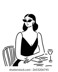 Uma mulher chique de óculos escuros sentada na mesa de um café ou restaurante com uma taça de vinho. Ilustração minimalista da arte em linha de um personagem legal e misterioso.