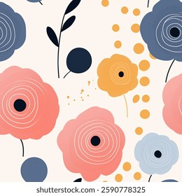 Chic Young Pink Orange Blue White Abstract Wild Flower Elegant Leaf Watercolor Scandinavian Design Seamless Pattern Wallpaper Curtain Bedding Upholstery Pastel Fabric Background Vector