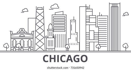 Chicago architecture line skyline illustration. Linear vector cityscape with famous landmarks, city sights, design icons. Landscape wtih editable strokes