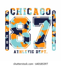 Chicago, athletic department. Camouflage typography for clothes. T-shirt graphics. Vector