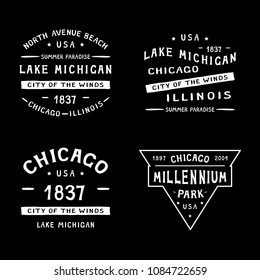 CHICAGO BADGE . CHICAGO, LAKE MICHIGAN, MILLENNIUM PARK, ILLINOIS set of badges for printing on t-shirts. The illustration uses a manual font.