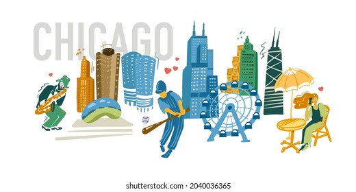 Chicago banner with landmarks icons set. Traditional symbols, people and buildings full color vector illustration.