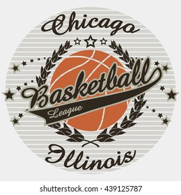 Chicago Basketball Team t-shirt graphics, american College Championship Emblem, Basket Ball with laurel wreath Sport Athletics typography stamp, sport-wear tee print design