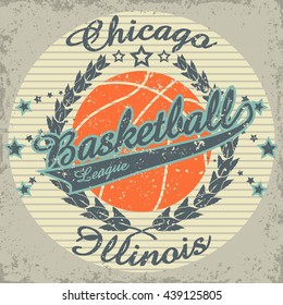 Chicago Basketball Team t-shirt graphics, american College Championship grunge Emblem, Basket Ball with laurel wreath Sport Athletics typography stamp, vintage sport-wear tee print design