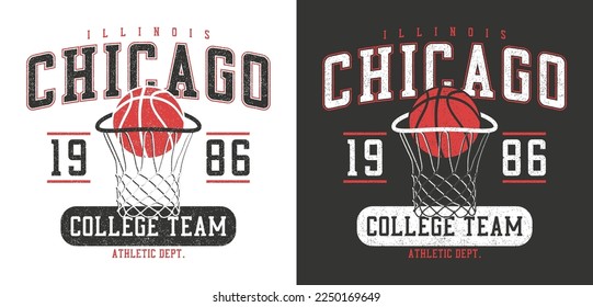 Chicago Basketball T-Shirt Design. T-Shirt im College-Stil mit Basketballkorb und Ball. Sportbekleidung. Vektorgrafik.