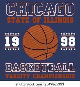 Design de camiseta de basquete de Chicago. Camiseta estilo universitário com bola de basquete. Impressão de vestuário esportivo. Ilustração vetorial.