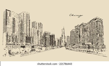 Chicago, big city, architecture, engraving vector illustration, hand drawn