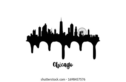 Chicago Black Skyline Silhouette Vector Illustration On White Background With Dripping Ink Effect.